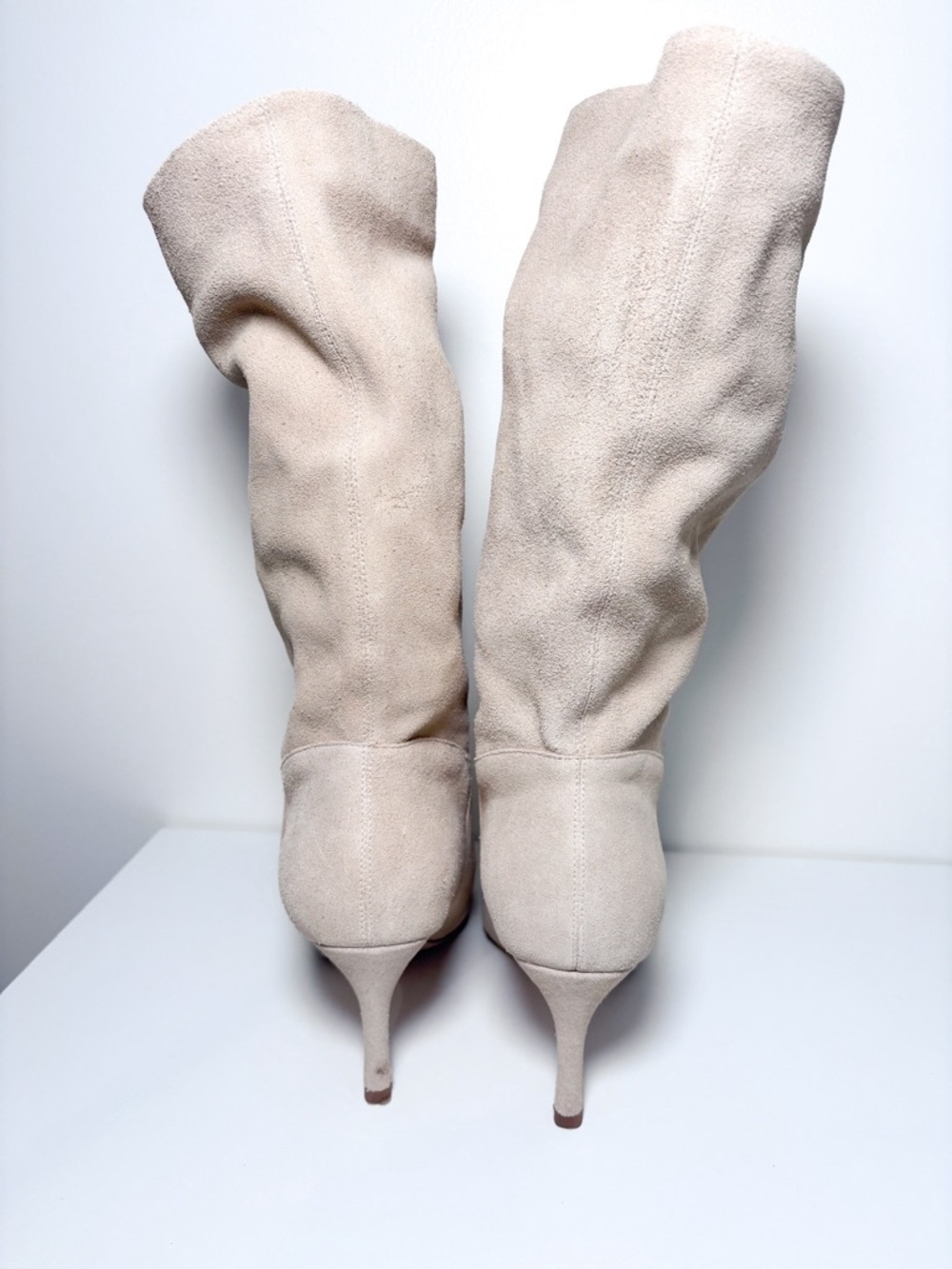 Raye Revolve Perla Nude Beige Suede Leather Heeled Slouchy Mid Calf Boots 7.5 - Picture 6 of 8